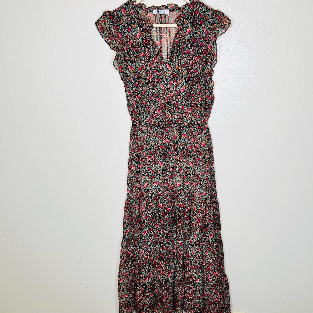 BB Dakota Steve Madden Darcy Midi Dress XS Floral Tiered Peasant Flutter Sleeve - Picture 3 of 9